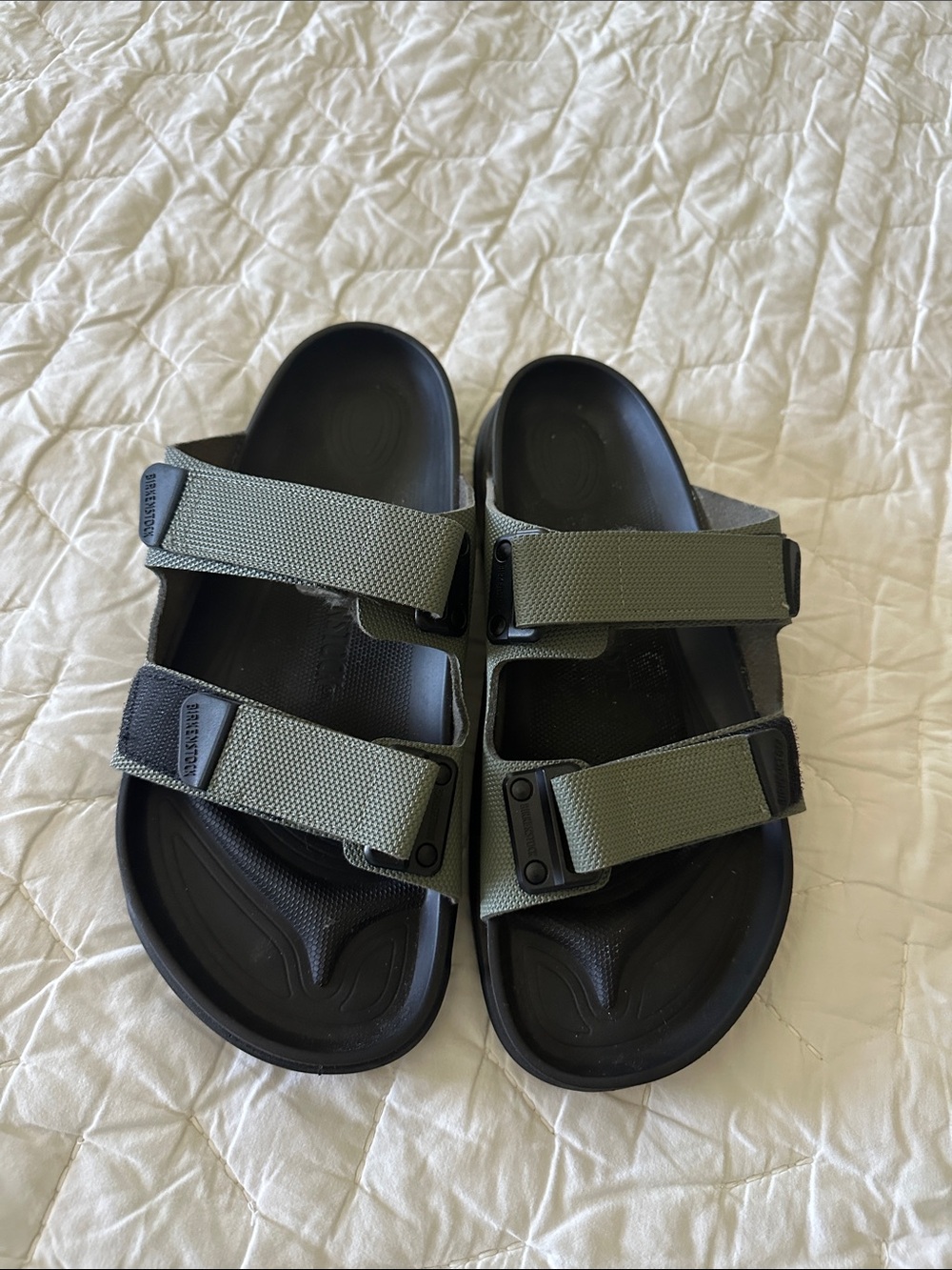 Birkenstock Olive Green and Black Two-Strap Slide Sandals